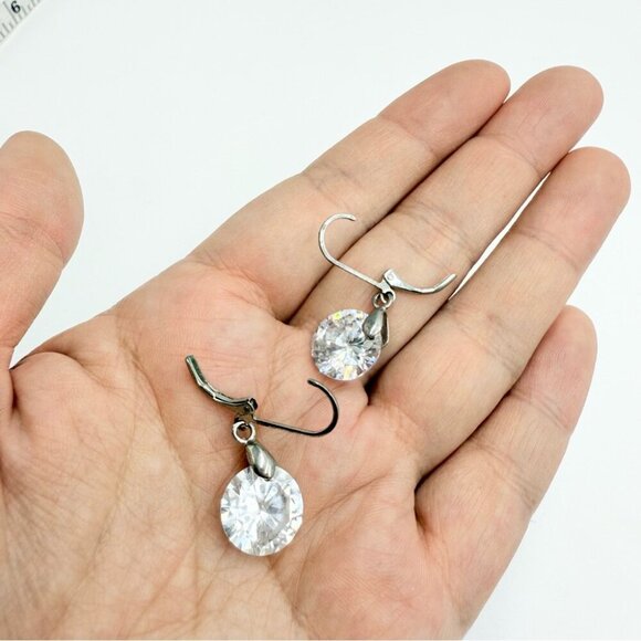 Silver Tone Round White Crystals Dangle Hook Stud Earrings - Picture 3 of 4